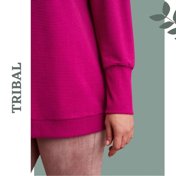Tribal Pop Over Funnel Neck Long Sleeve Drop Shouler Ribbed Magenta Size Small - Picture 4 of 12